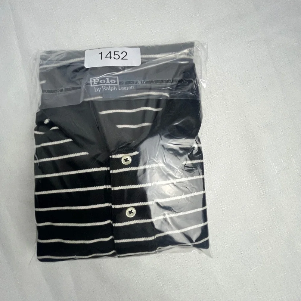Polo Ralph Lauren Polo Shirt‎ Mens XL Navy Blue White Striped Pique Short Sleeve